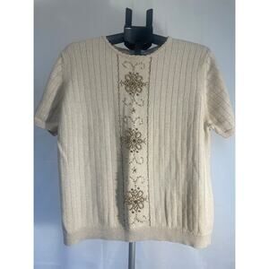 Alfred Dunner Beige Beaded Floral Knit Top Grandmacore Cottagecore Size L